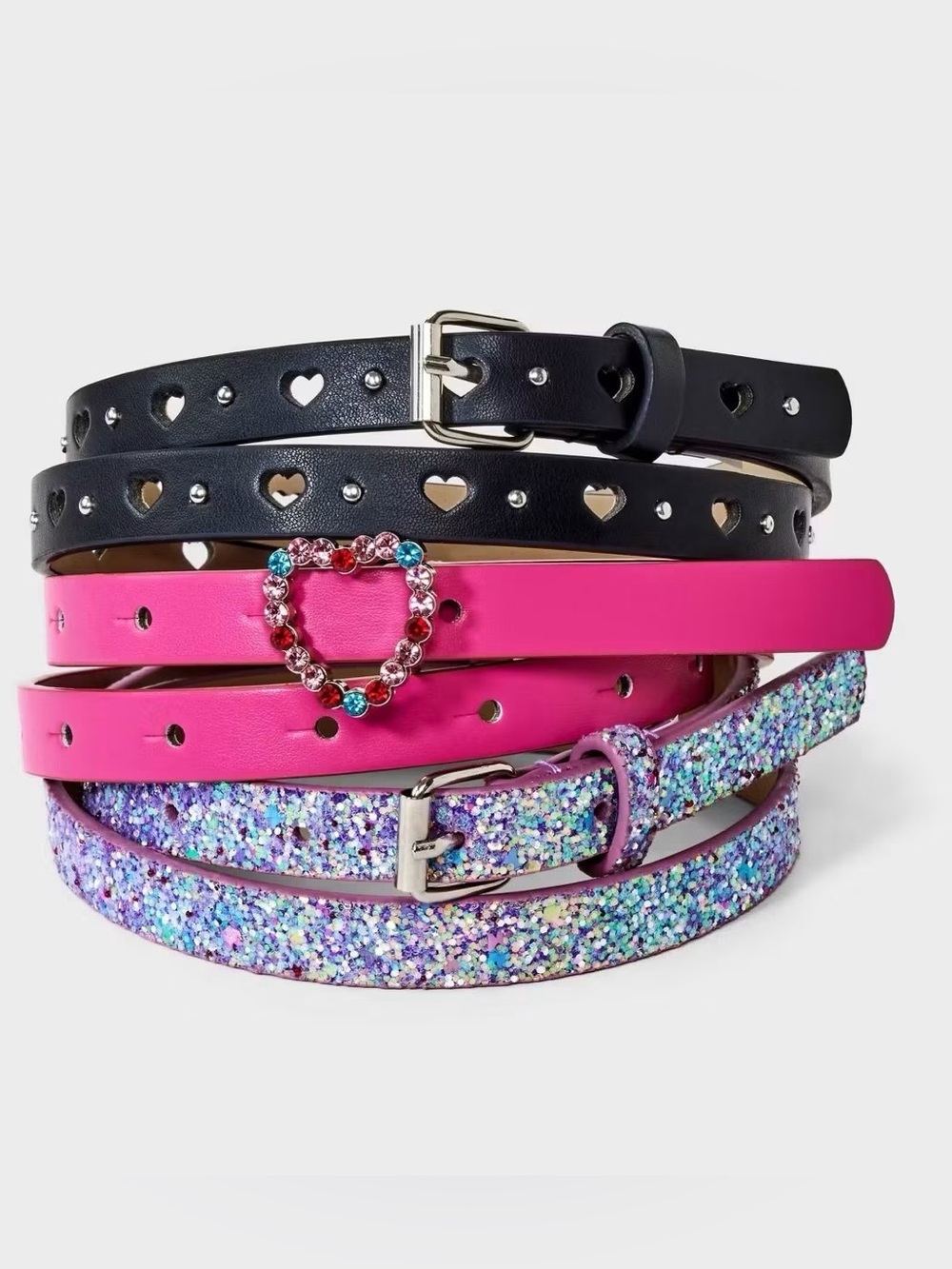Peppermint Girls' Heart Detail Belt Set - Black, Hot Pink, Glitter Purple